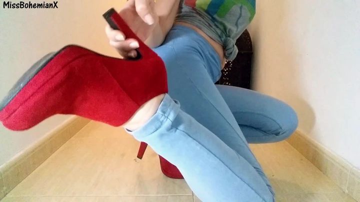 Red Ankle Boots and Tight Jeans