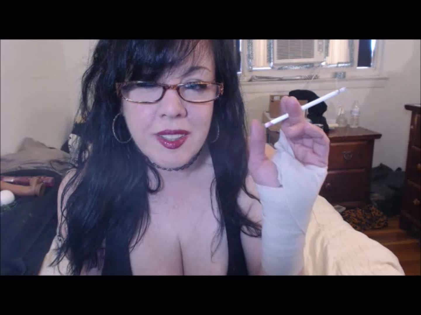 MILF Smoking with Bandage &amp; Glasses HD