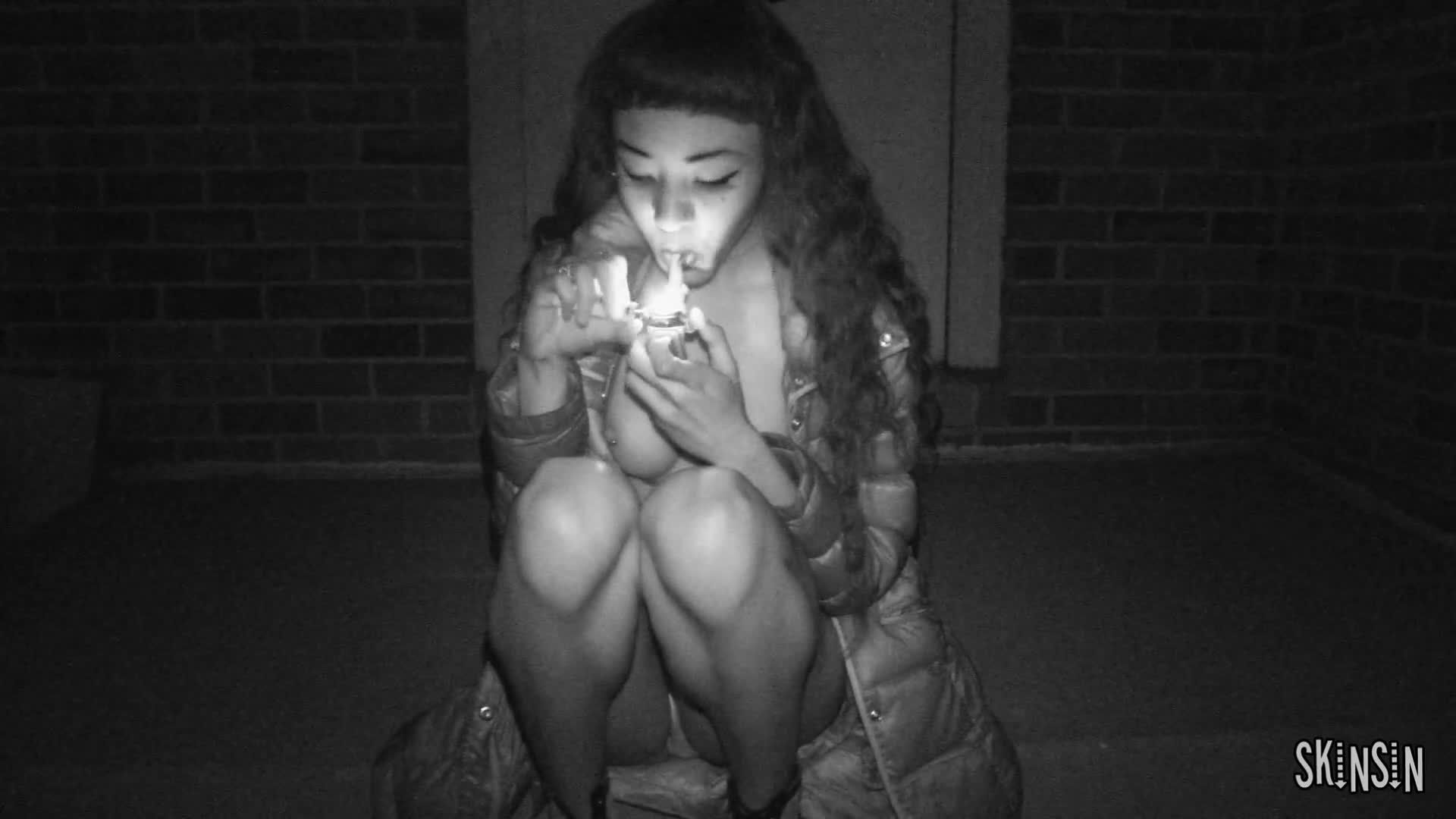 Outside Smoking Showing Tits &amp; Pussy