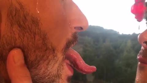 Sucking daddy's long tongue and cock