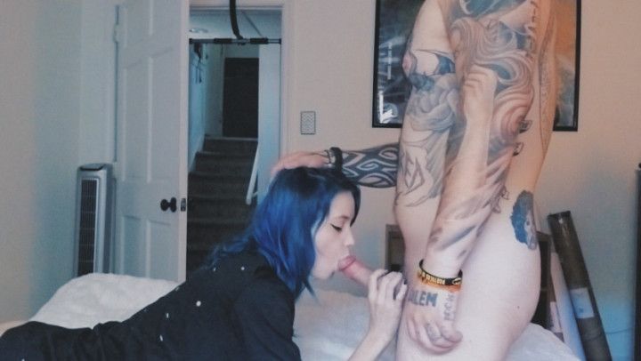 Blue Haired Babe gives Blowjob