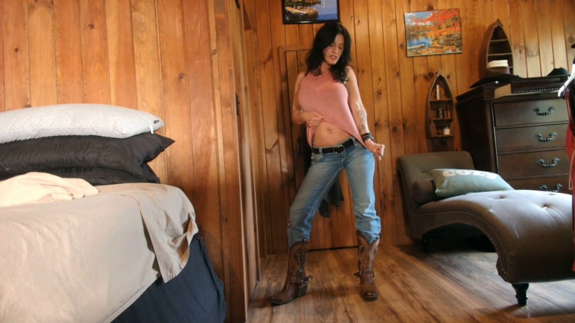 seductive sexy shirt ripping milf in jeans and boots