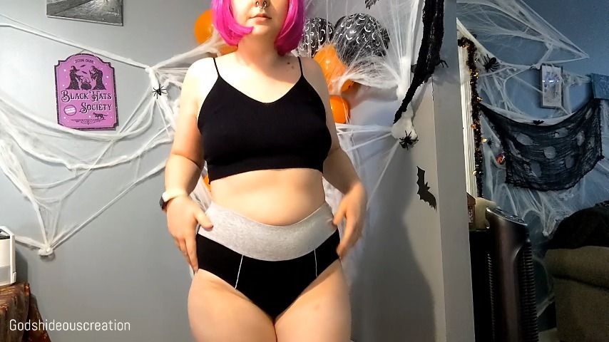 short pink hair babe does panty try on