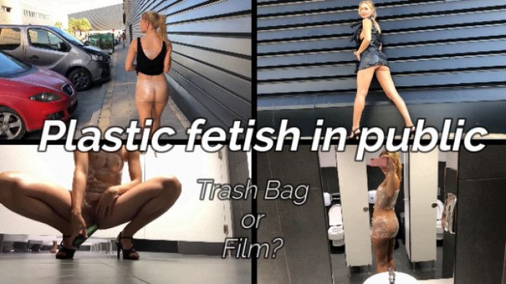 Plastic fetish n cucumber CUM in public