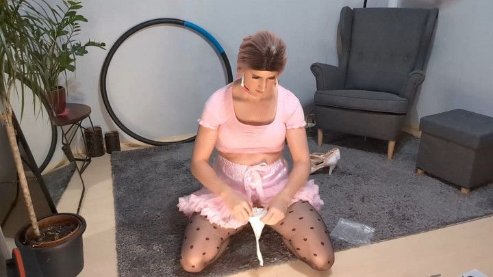 Sissy cums in dirty sock and takes it into mouth