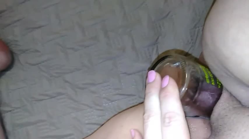 Fucking my juicy pussy with beer bottle