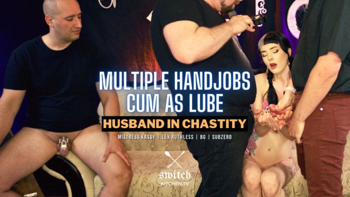 Hotwife Multiple Handjobs Cum as Lube Hubby in Chastity