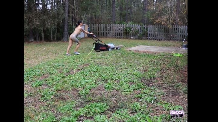 Korean milf naked lawn mowing voyeur