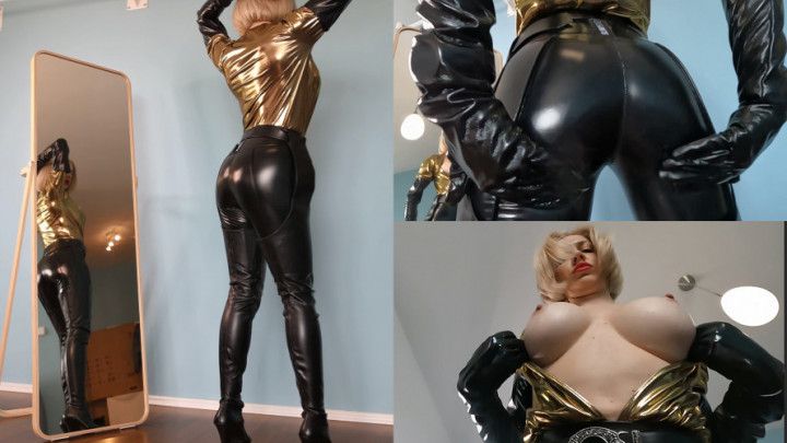 Goddess Katya teases with her shiny gold outfit