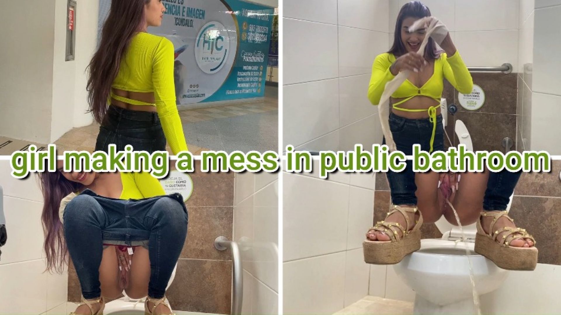 GIRL MAKING A MESS IN PUBLIC TOILET