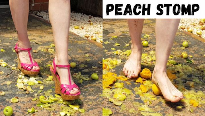 Peach stomp in wedges and bare feet