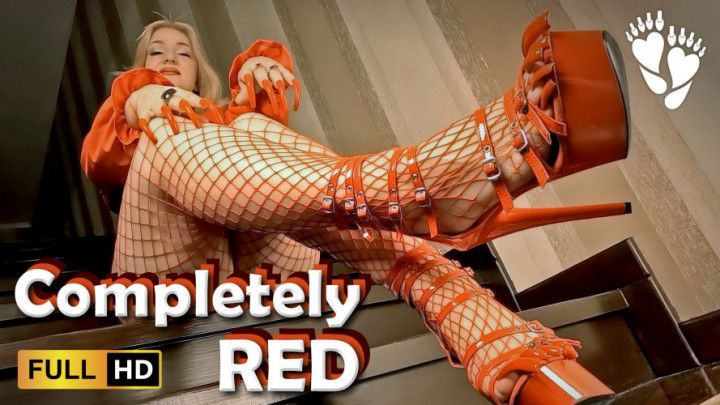 Completely RED long nails, high heels, stockings
