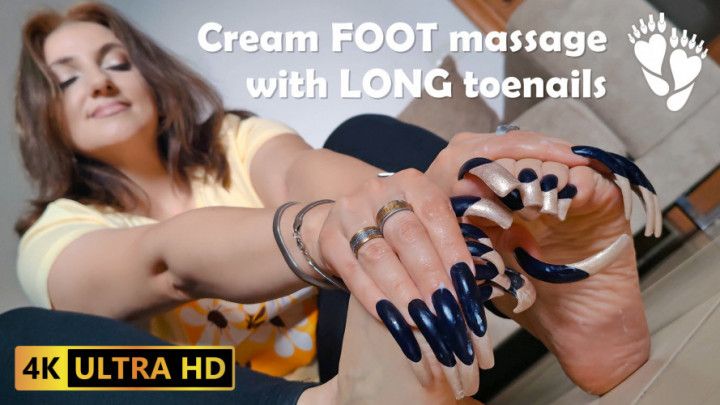 Cream foot massage with long toenails