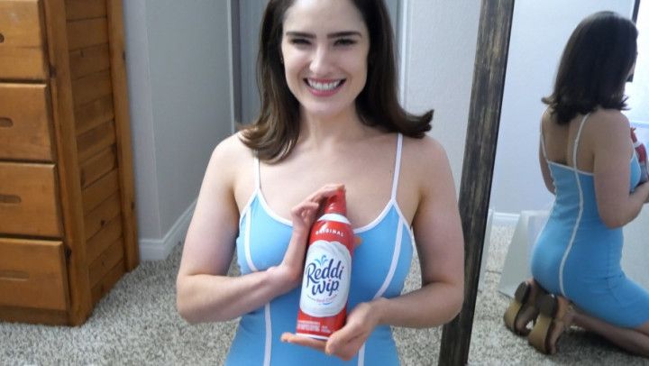 Sexy slut gives mirror whipped cream BJ