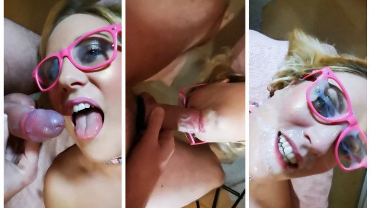 Hot slut in pink glasses facialized