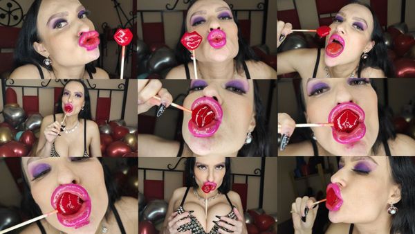 Valentine's day lip fetish sucking lollipop and kissing