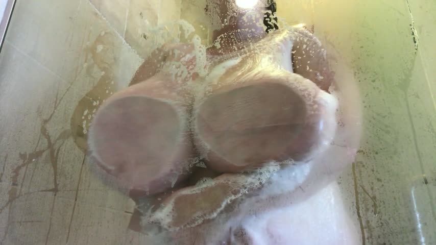 Soapy Boobies On The Shower Glass