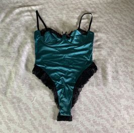 Teal and black lace silky thong teddy