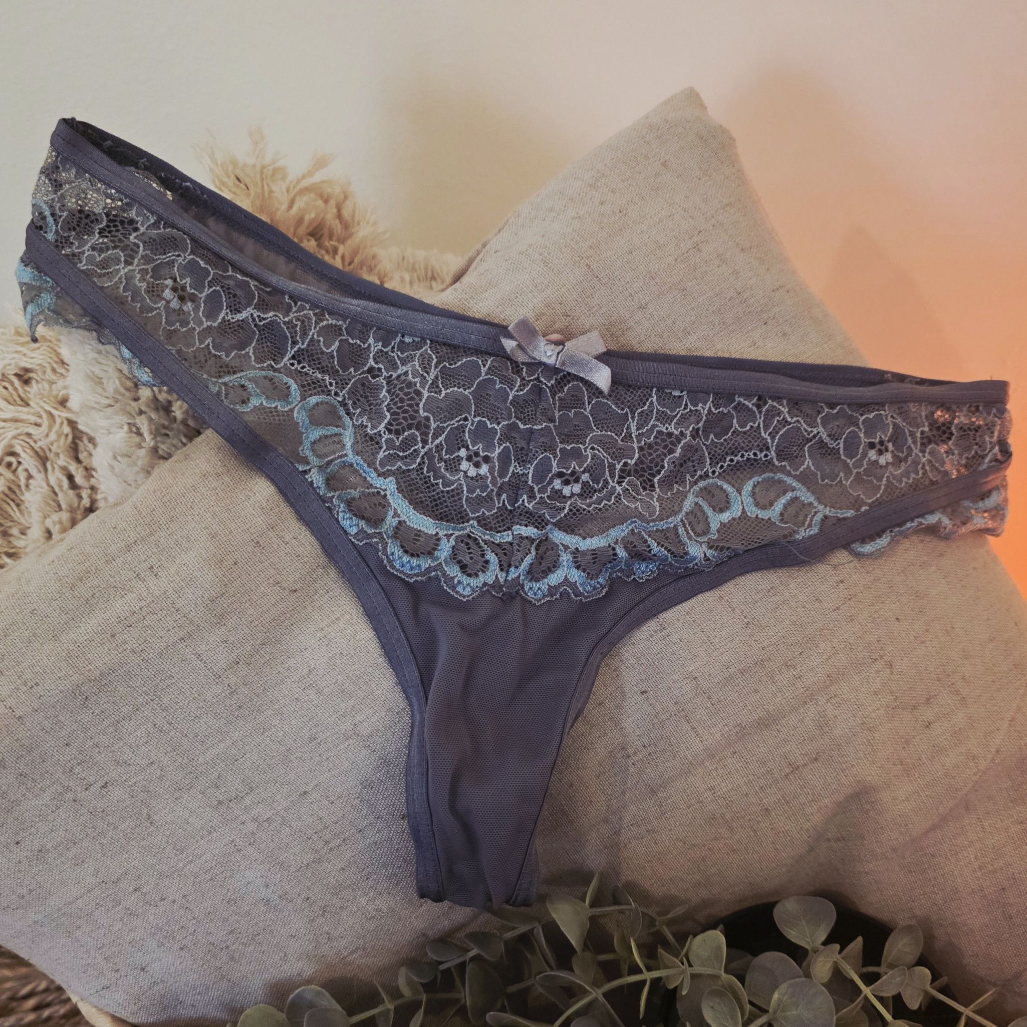 Washed blue lace thong