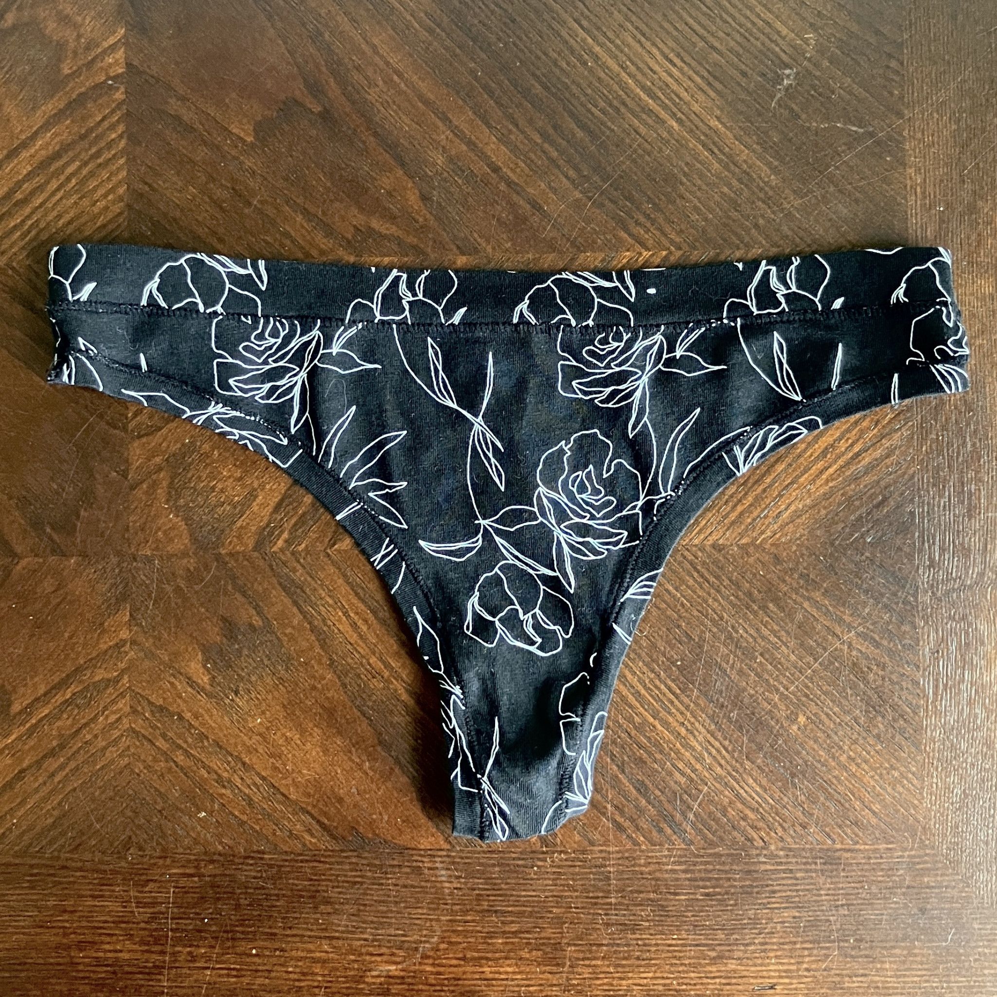 Black Floral Thong Panties