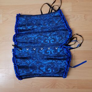 Blue Brocade Corset Top with Ruffle Detail