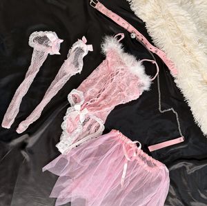 Worn Pink Fishnet Bodysuit Set with Sheer Skirt Pink Fishne