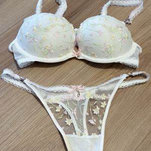 White Lingerie Set Panties  Bra with Delicate Floral Prin
