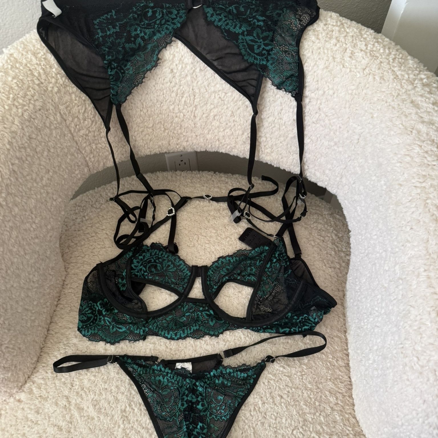 Dark Green and black 3 piece lingerie set