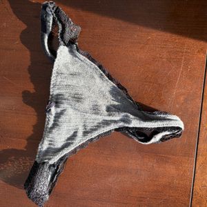Grey cotton black lace edge thong