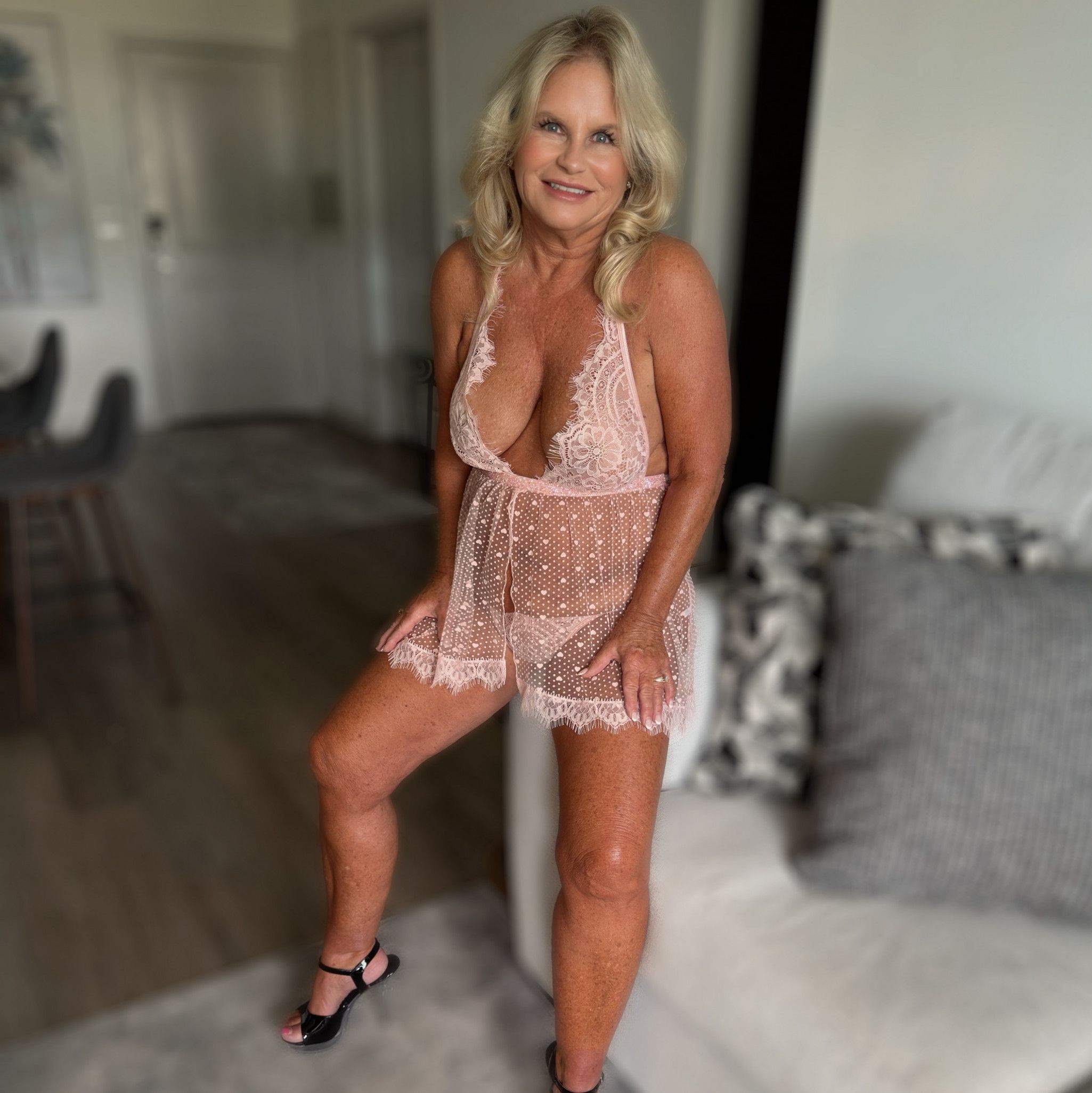 Pink lace baby doll with string panty