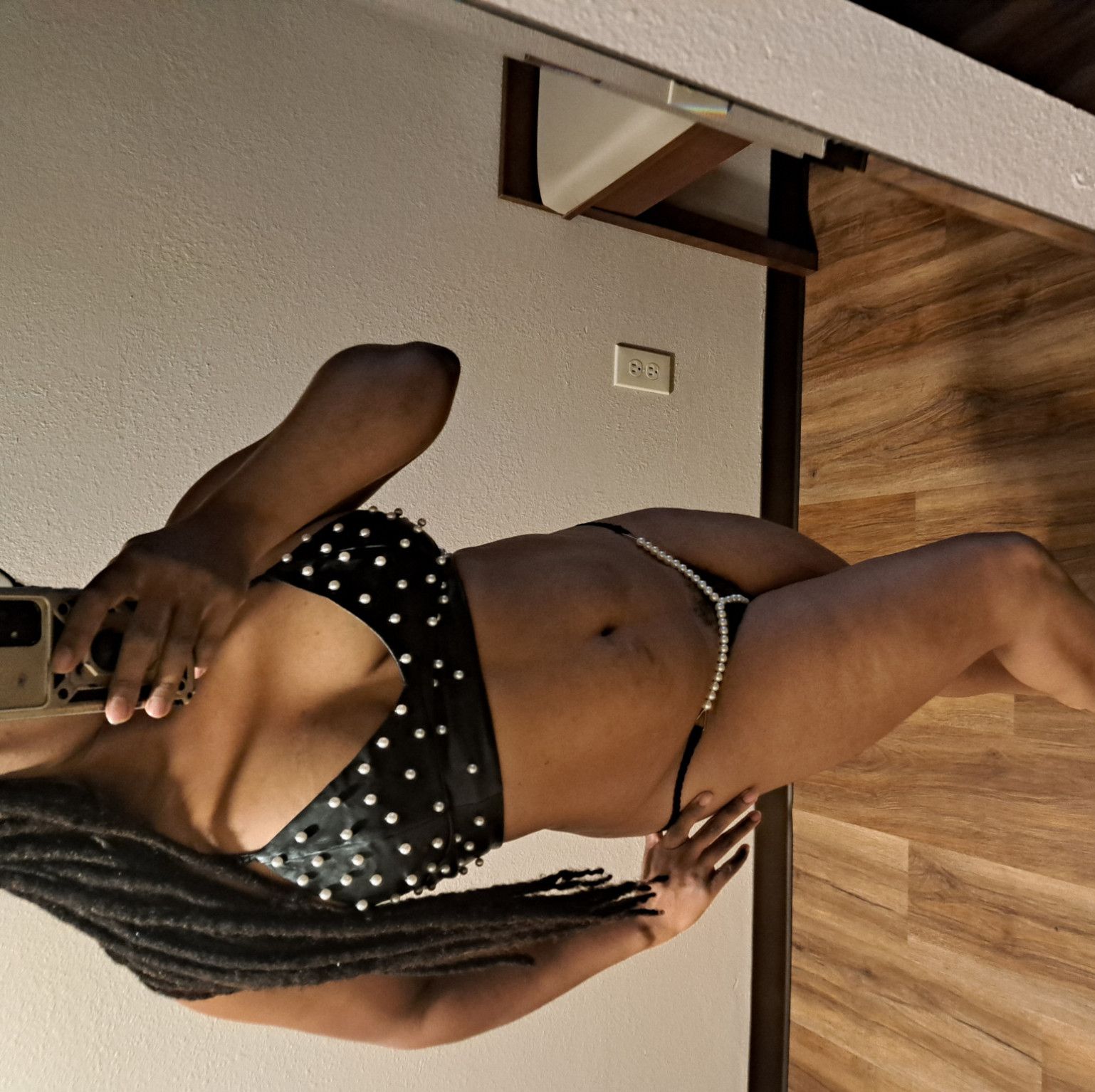 Black Leather And Pearl Bra And Thong