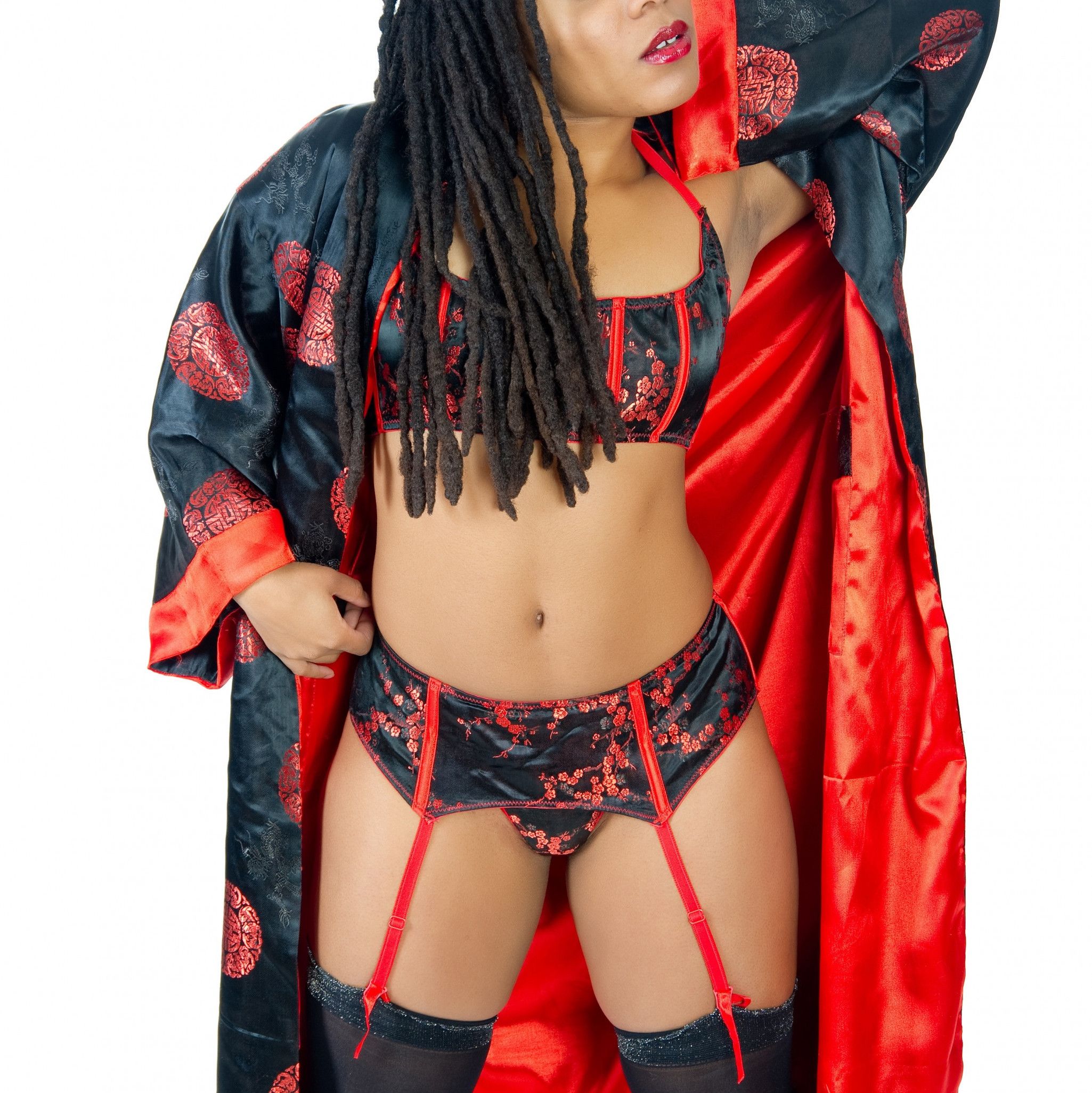 Black Satin Top Garter Belt And Gstring