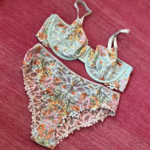 Aqua Lace with Colorful Flowers Bra and Panty Set