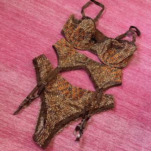 Brown and Orange Lace Bra Panty Garter Belt Set