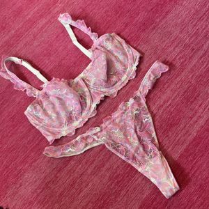 Seafoam Lace with Pink and Purple Flowers Bra and Panty Set