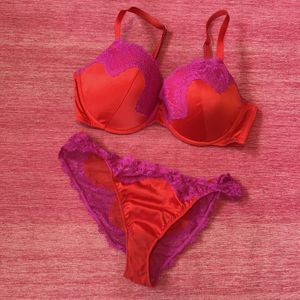 Red Satin with Pink Lace Bra and Panty Set