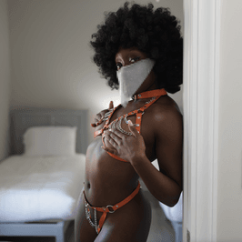 My Orange Leather with Chains Bra and Panty Lingerie Set