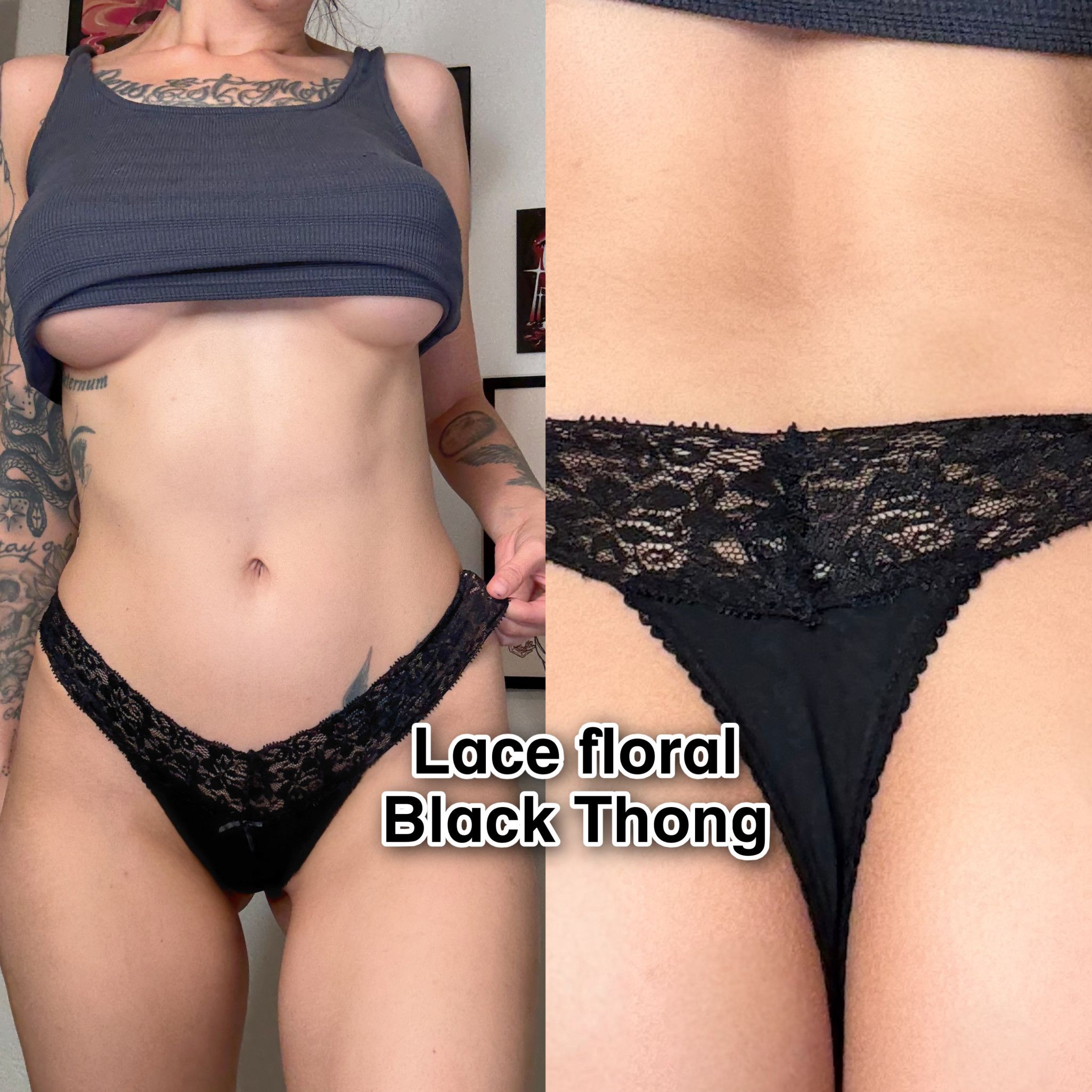 Lacey Floral Black Thong