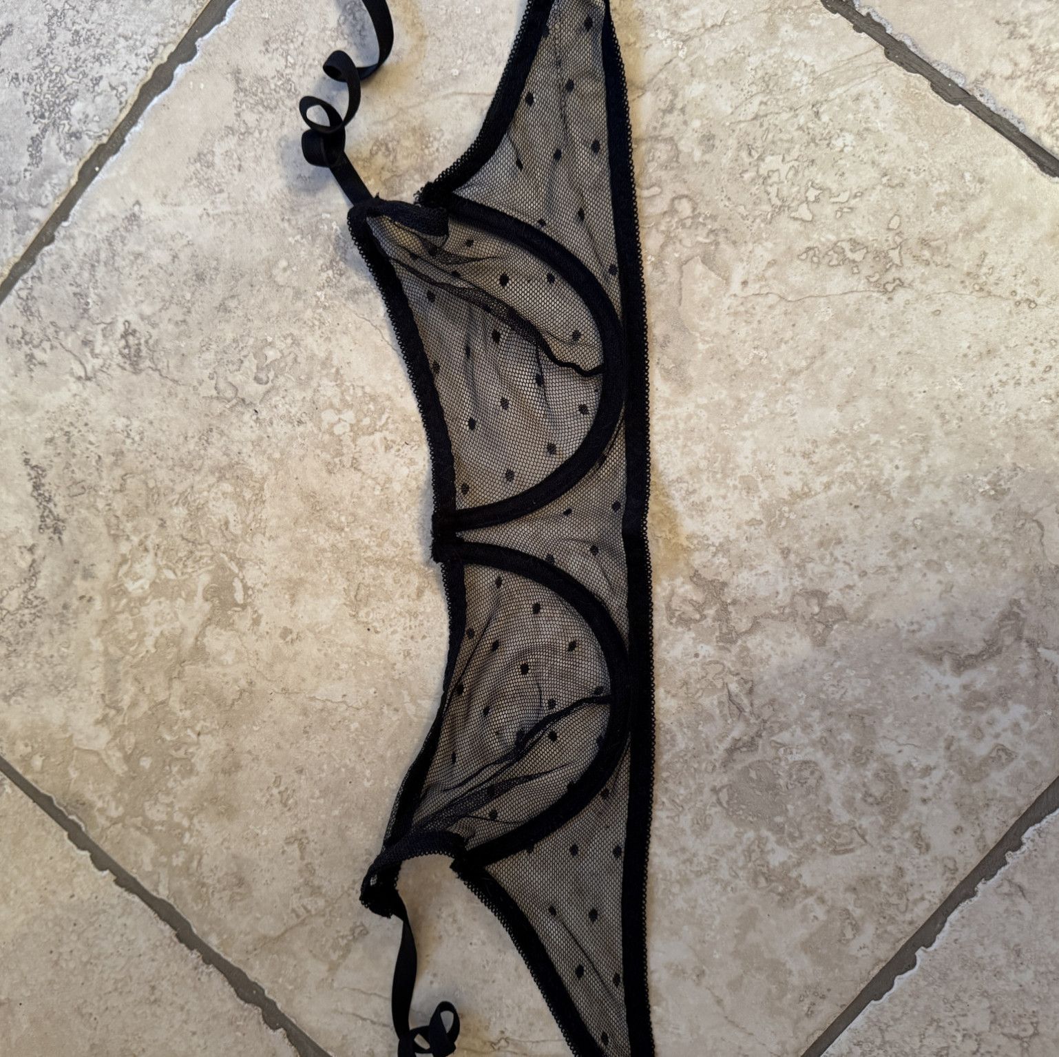 Transparent nylon black bra with black polka dots