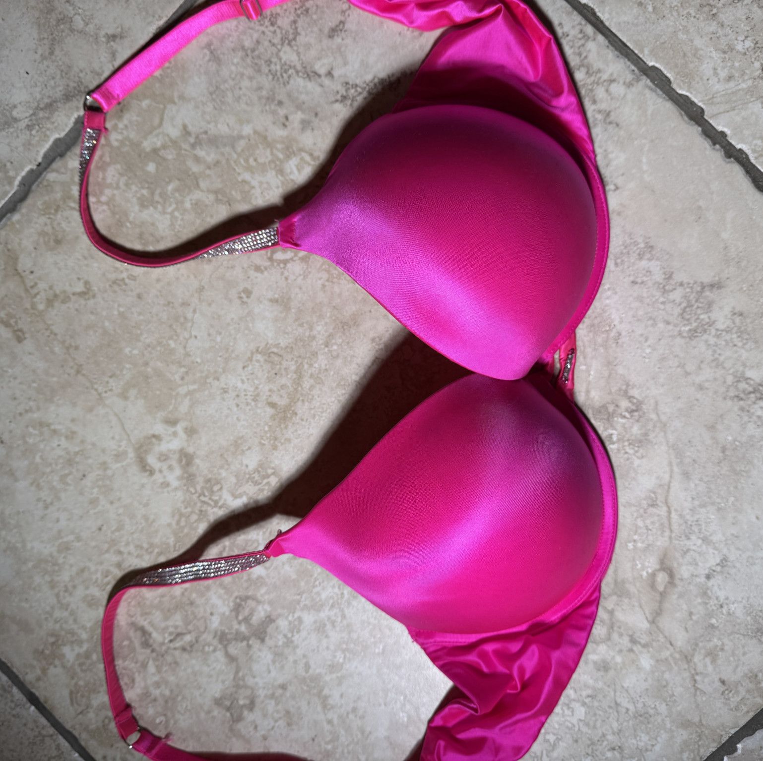Neon Pink bra with a pushup and straps decorated with rhines