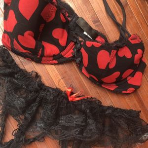 Heart bra and crotchless lace panty set