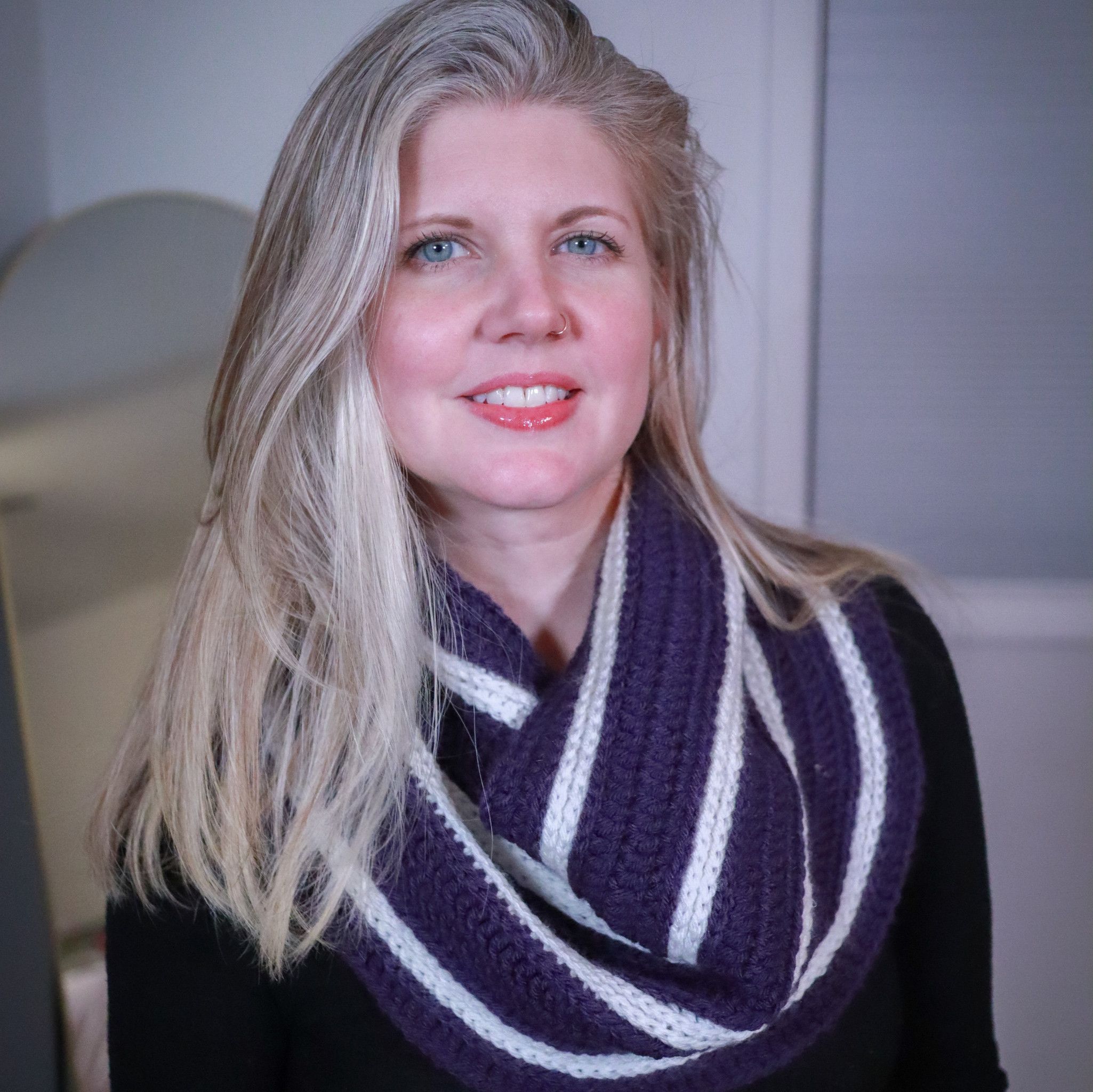 Purple and White Striped Infinity Scarf