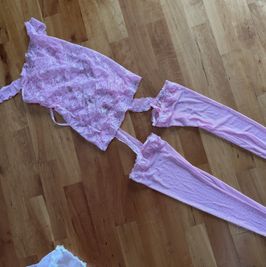 Pink Lace and Sheer full body stocking thigh high and corset