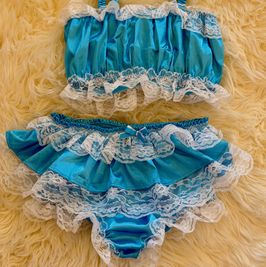 Blue Satin and White Lace Panty and Top Set Frilly Feminine