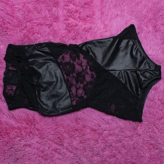 Black faux leather bodysuit with lace