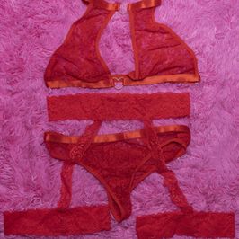 Red  Lace Garter Lingerie Set