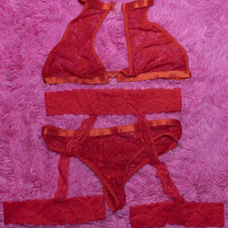 Red  Lace Garter Lingerie Set