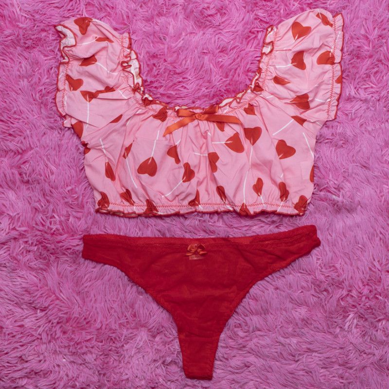 Pink crop top and red mesh thong set