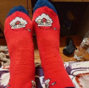 Red santa claus socks worned by me