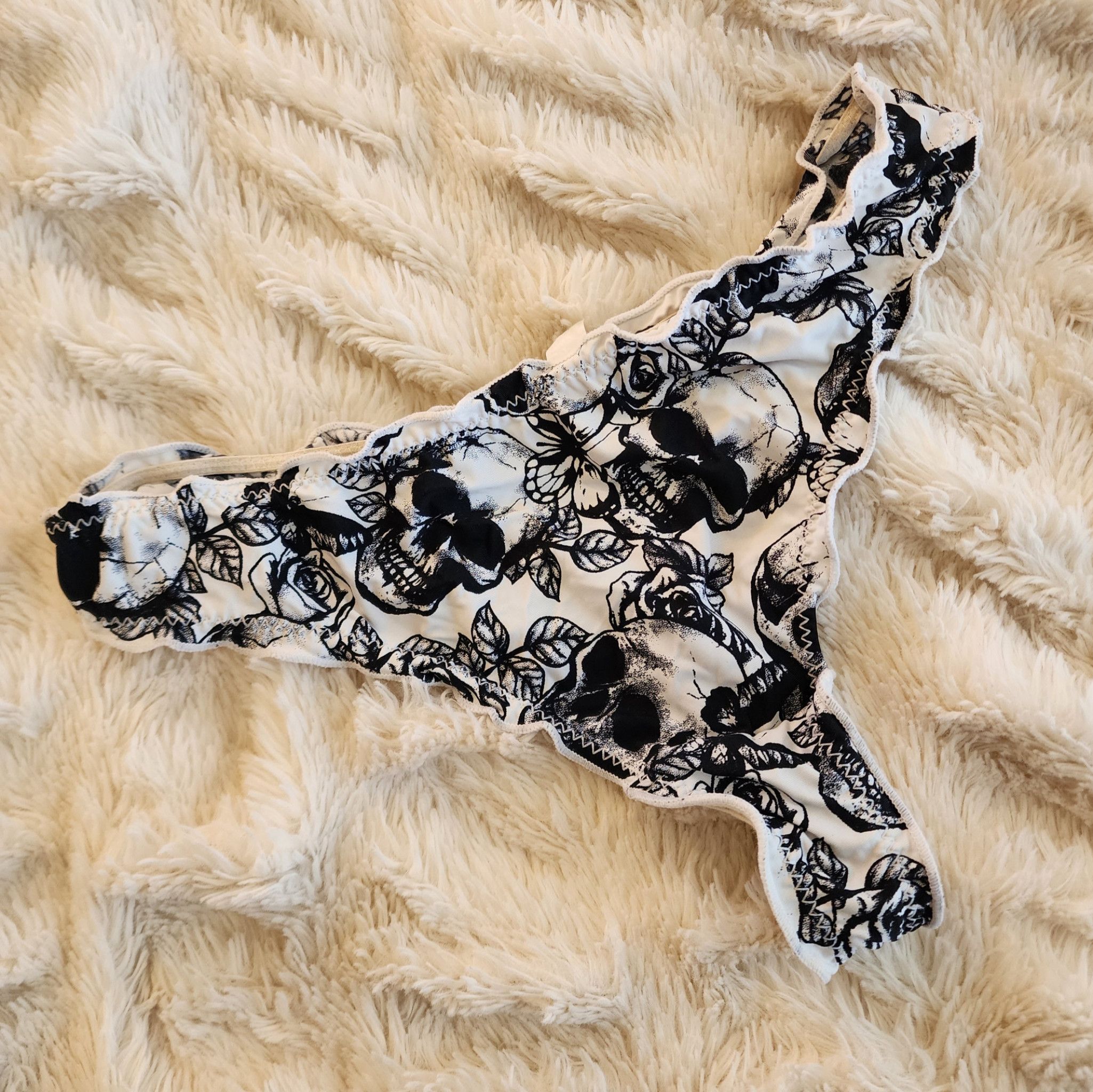 White and Black Frilly Thong